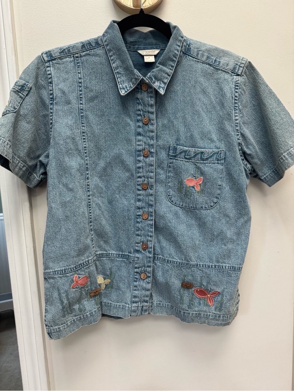 Denim 100% cotton fish embroidered top